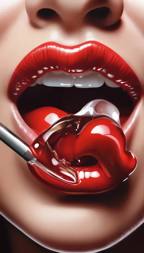 Best quality, masterpiece, ultra high res, (photo realistic:1.4), Create a hyper-realistic painting of a close-up of glossy red lips biting into a cherry. The lips are vibrant and shiny, reflecting light to create depth, with a slightly open mouth revealin...