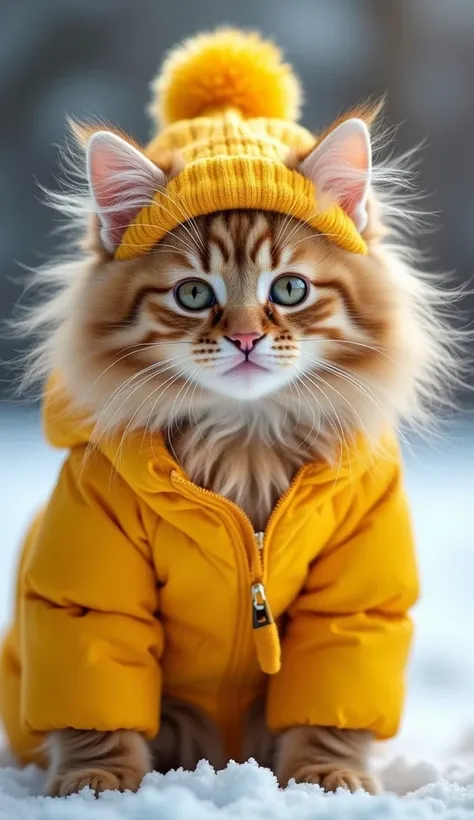 Create UHD photorealistic realistic photo, no animation, no 3d image,In a yellow hat with a pompom and a scarf,  In a yellow down jacket,its winter outside, winter ,no pixar style animation, no extra fingers. A 4-month-old Maine Coon kitten  with long fluf...