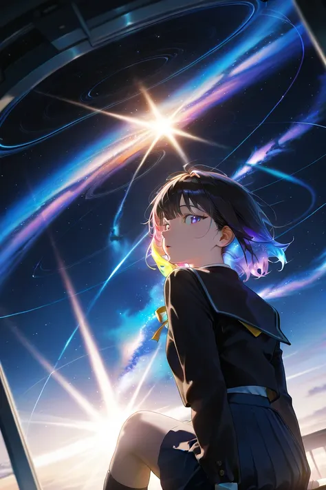 masterpiece, best quality, amazing quality, very aesthetic, absurdres, newest, scenery, 1girl, solo, (colorful:1.2), (close-up1.1), galaxy, looking at viewer, looking back, sitting, school uniforms, star, space, anime, photorealistic, masterpiece, best qua...