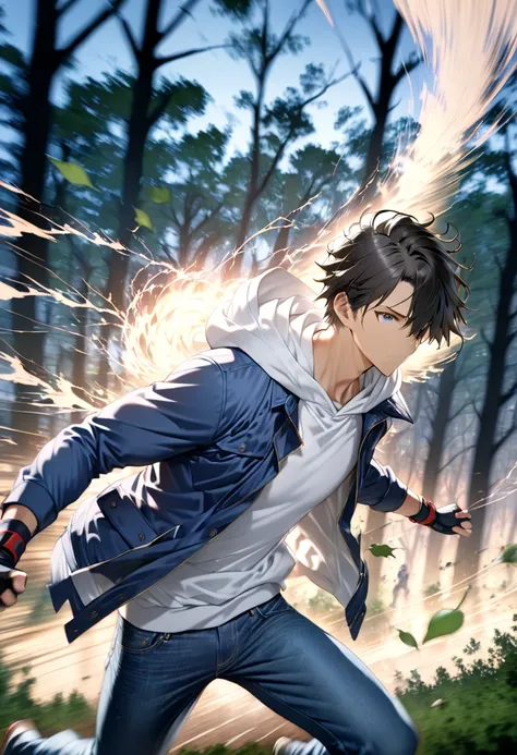  dark-haired young man scraping through the tornado storm at high speed"Asuka"( wearing a white hoodie and blue jacket jeans ,  fingerless driver gloves ), moving at high speed on the horizontal axis (( Motion Blur :2.0 ,  double exposure:1.5 , Afterimage ...