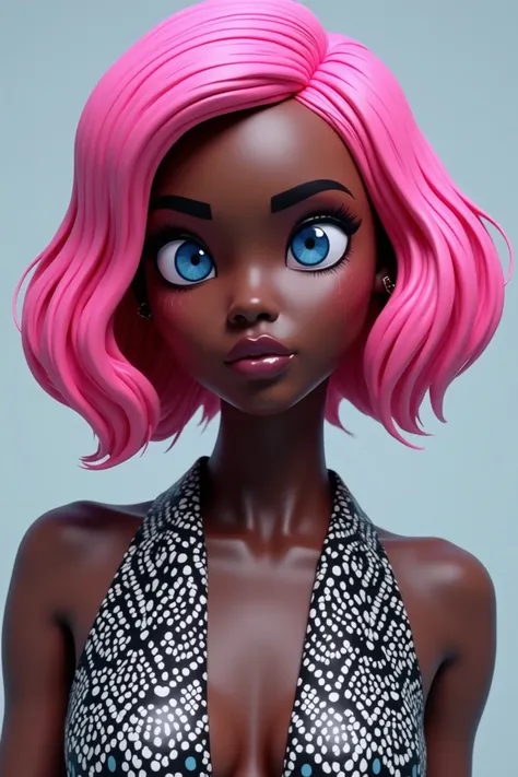 A black woman with pink hair and wearing a black and white dress, she has bright blue eyes that stand out in contrast to her low-poly video game-style skin.