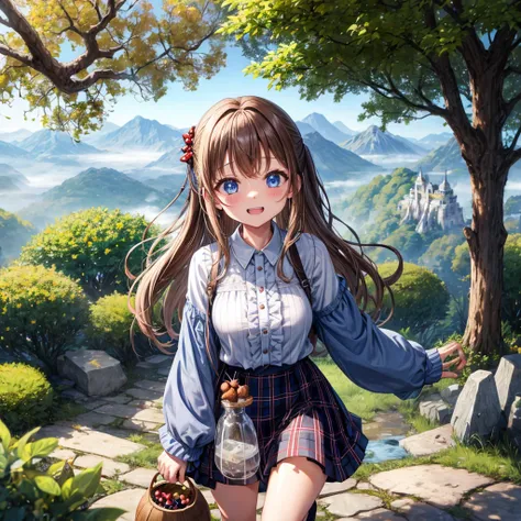 Chestnut Hair、 blue eyes、 has hair tied、Two cute、 plaid mini skirt、 BLACK T-SHIRT、 Long Sleeve 、 dress、 striped high socks sprinkling water、Teeth are visible、lawn、The stone is cracked、Uneven ground、The road is curved、Large autumn tree、Mountain々、isolated is...