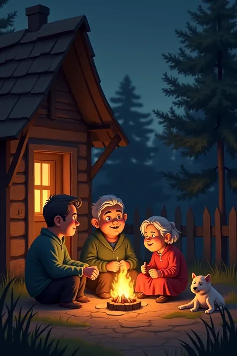 " The small family consists of a  , old pack ,  and old mother sitting in front of the fireplace in a simple wooden house.  A warm lit bonfire ,  illuminates their faces with golden light ,  a calm and peaceful night atmosphere ."