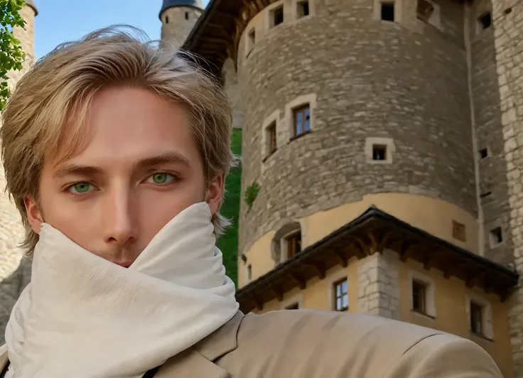 33-year-old German gentleman , blond hair , green eyes in front of an Alpine castle