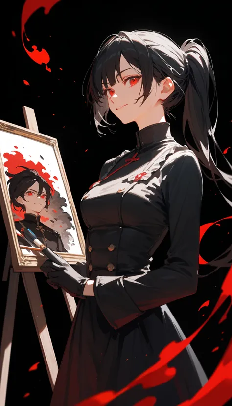 girl,Black hair, thin hair, slightly white, in red eyes , pretty short hair , long ponytail ,Paintings, Evil, Black Dress with Long Sleeves Closure, Chestnut-sized, Black long-sleeved shirt , put on black gloves, with a slight smile, black background,