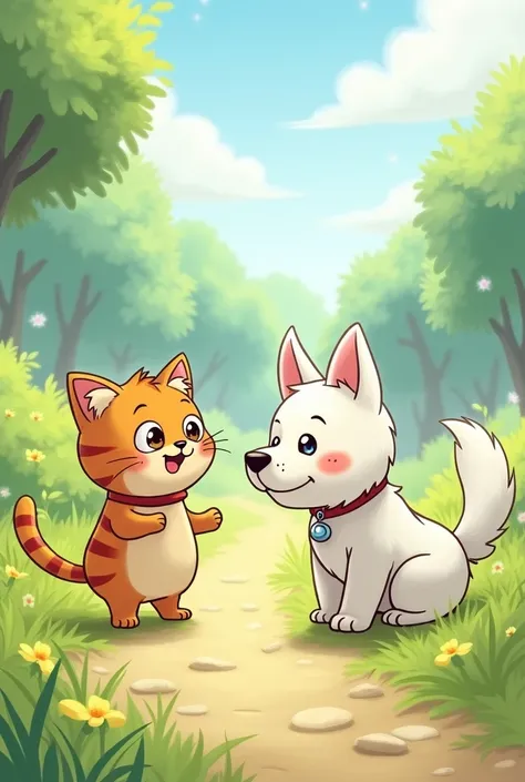 Generate a Drawing image for my bigbook

Page 6:
“I’m looking for an adventure!” said Sachi (cat). The dog (white dog) wagged his tail. “Enjoy the journey,” he said.
