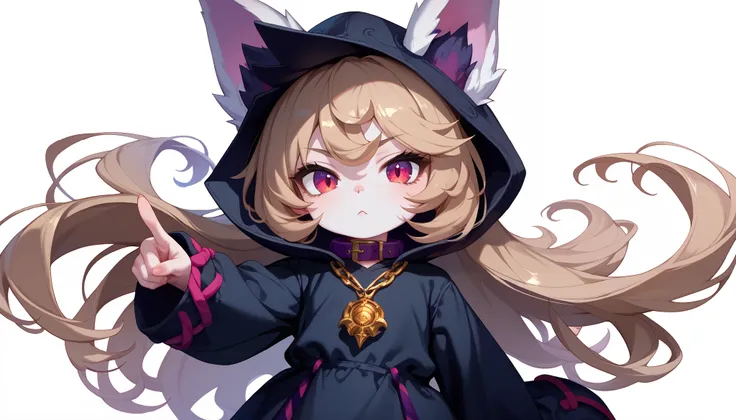(masterpiece:1.3), (best quality:1.3), (very detailed), (anime style:0.1), game cg, anime coloring,((simple white background)),VexLoLXL,big eyes,yordle,shortstack,red eyes,((light brown hair,bangs,long hair)),shiny_skin,white_skin,white skin,black hood,hoo...