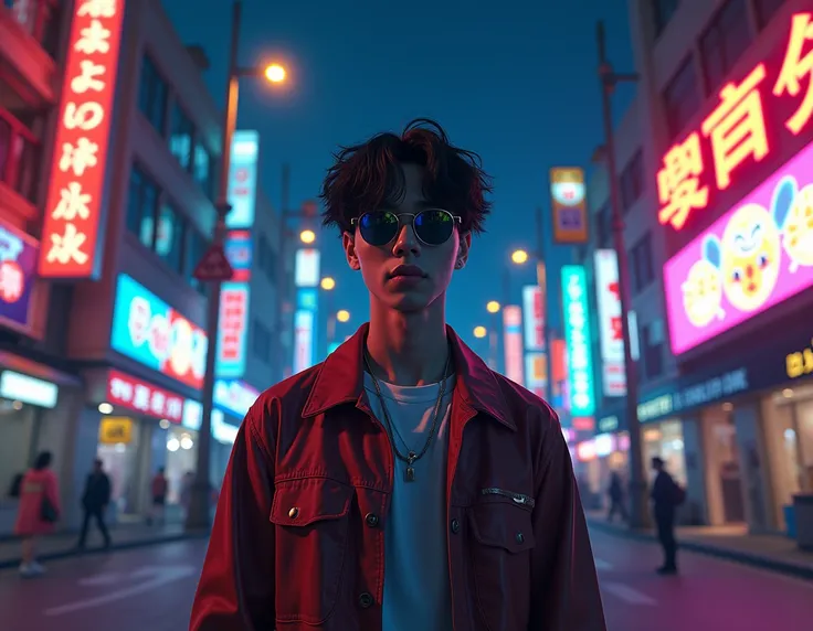 (suga of bts wearing sunglasses on the street at night), shake, Japanese cartoons, shake Japanese cartoons, Retro Japanese cartoons, 80s anime, 90s Anime, zero, Low Fidelity