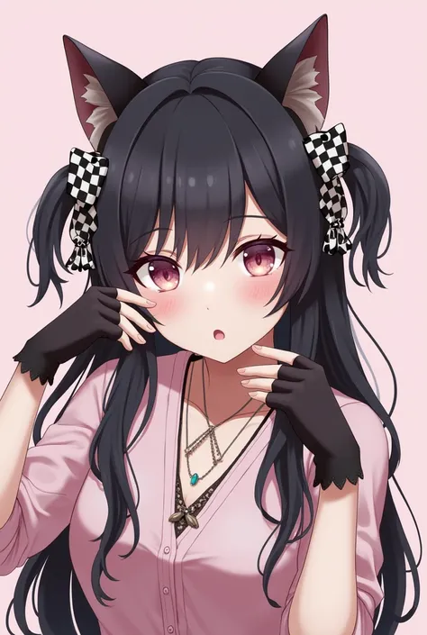  - A character with long dark hair and cute cat ears
- The head is decorated with checkered ribbons and accessories
- Im wearing dark-colored finger gloves, The hand is in a cat pose
- Wearing a stylish blouse and necklace
- The background is soft and soli...