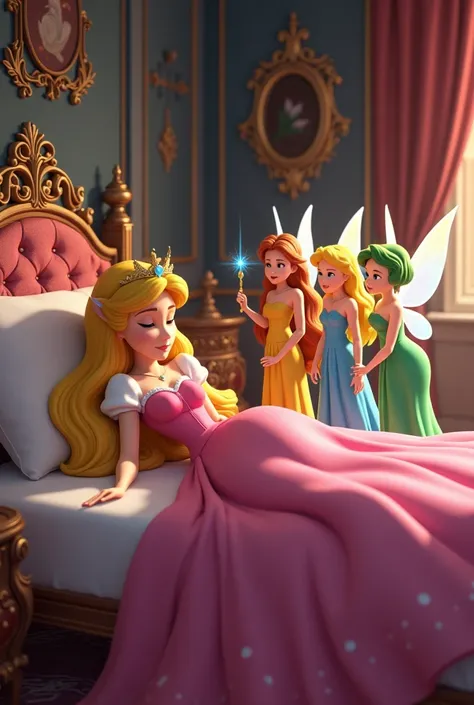 disney princess aurora laying straight on her bed in her pink dress and sleeping a deep sleep and three fairies standing by her side with their magic wands and discussing something