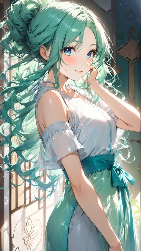 ( A little bit to the original She has an innocent smile :1.5), 「Yumemori 」 shrine maiden and herbalist , bust up, portrait, 
Hairstyle： long, wavy hair, length that reaches the waist 。
Eyebrows/eyelashes：The eyebrows are thin and the shape that adds soft ...