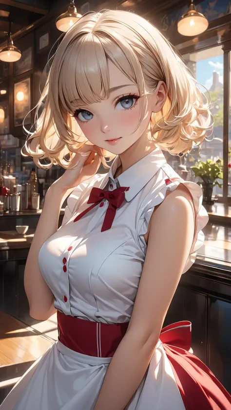  produces high quality images ,   Masterpiece ,  Extremely Exquisite Details ,  Ultra High Definition, Extreme realism, High quality lighting, 16k ultra high quality,  beautiful girl,  1950s Waitress Uniforms, bangs、Immature body、