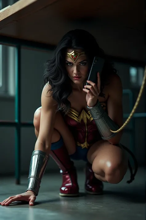 Wonderwoman hiding under a table calling a phone 