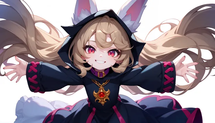 (masterpiece:1.3), (best quality:1.3), (very detailed), (anime style:0.1), game cg, anime coloring,((simple white background)),VexLoLXL,big eyes,yordle,shortstack,red eyes,((light brown hair,bangs,long hair)),shiny_skin,white_skin,white skin,black hood,hoo...