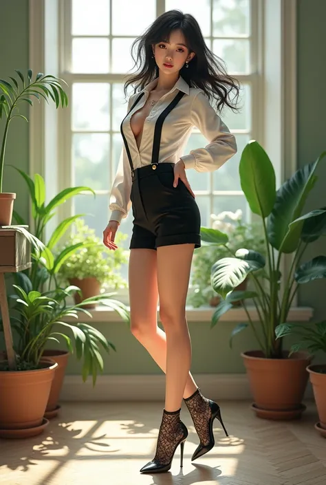 ((Shiori Suwano:1.5)), , Beihe, (( Octane Value Rendering :1.95)),  original photo, CG, (( Side Facing Camera ,  extremely sexy ,  Girl wearing loose suspender suit and tight white shirt paired with black COLOR ULTRA-THIN STOCKINGS AND EXTRA HIGH HEELS SLI...