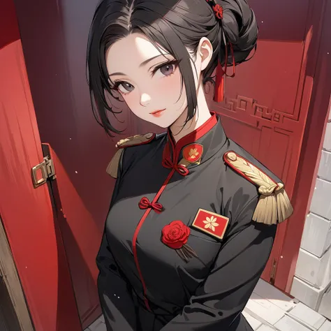 (( best quality)), ((masterpiece)), ( Details), （ perfect face）、The woman was a Japanese woman who went down to the military gate in China and became a Chinese Communist Party member woman in terms of clothes and hairstyle, and received education and guida...