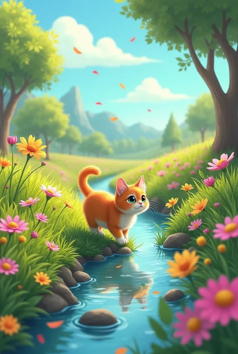 Generate a Drawing image for my bigbook

Sachi (cat) walked through flowers and by a stream. Everything was new and fun.
