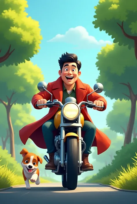 Cartoon Korean man wearing red coat riding motorbike into park with puppy