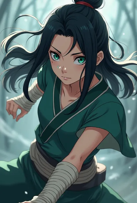 Naruto Shippuuden character. Female. Name Misaki. She is sixteen y/o. she has black hair and ocean blue/green eyes, wears bandages on her hands. her jutsu is Flower of the fall. wears ninja uniform. she has a scar under her eye. she has good looking body