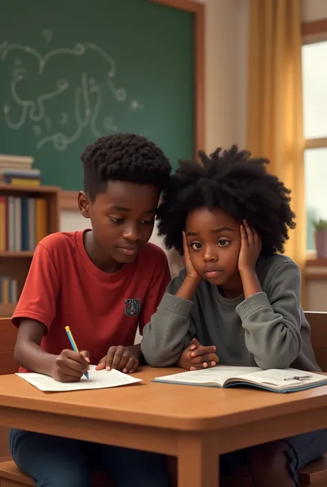 Deux étudiants fille noir en pul ower grise tête stressé naturel style africaine
Garçon noire en tee short rouge marqué en son épaule gauche EGEO
Tous deux en forme moyenne sur même table ban 