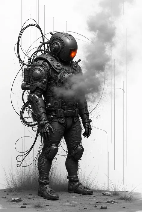 intricate line art, Mechanical elements, summary details, Gears and wires, smoke-like patterns, monochromatic color scheme, industrial and futuristic atmosphere, mixed media, hight contrast, artistic illustration, imaginative design

