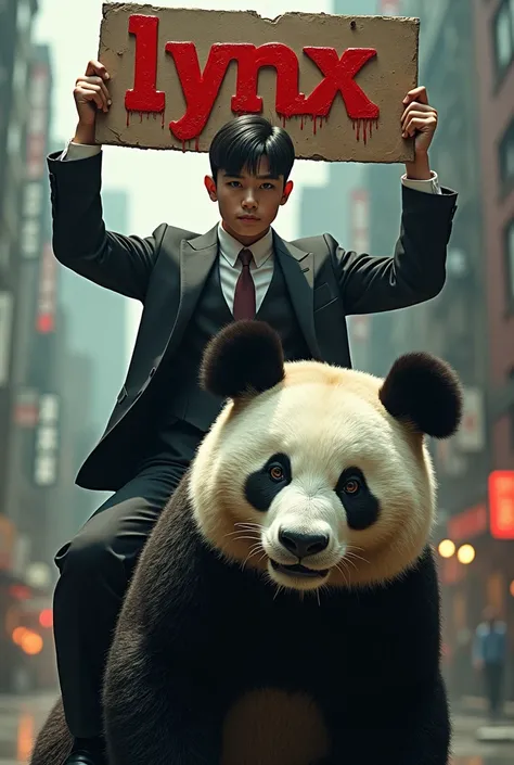 A young and strong yakuza riding a panda holds up a sign painted in blood letters with Lynx written on it