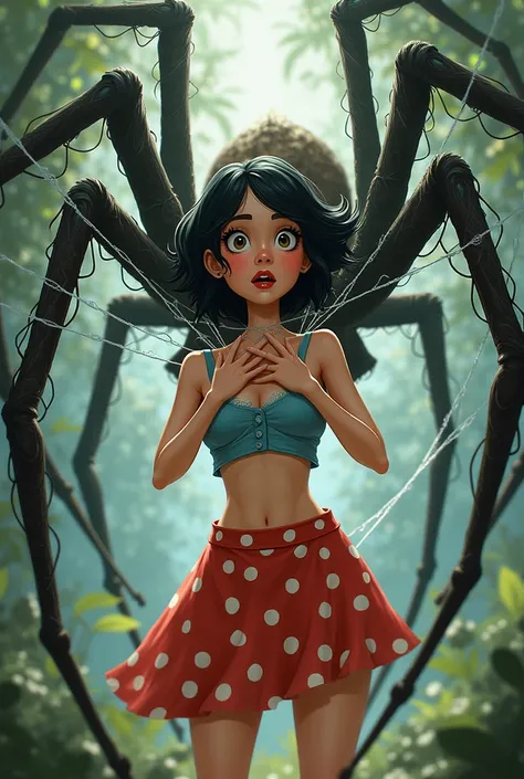 female, 2D, Cuteness, cobweb, Stripped clothes, cobweb에 걸림, skirt, 팬티는 cobweb에 걸려있고 옷은 거의 위로 올라가져 있음, 대왕거미가 cobweb에 걸린 female의 입을 cobweb을 뿜어 막으려 하고있음, flamboyance, Blue clothes , 빨간 skirt, Dot, h scene , forest