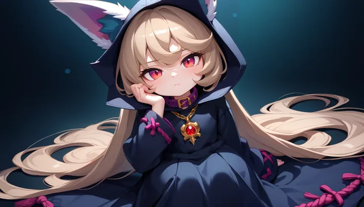 (masterpiece:1.3), (best quality:1.3), (very detailed), (anime style:0.1), game cg, anime coloring,((dim background)),VexLoLXL,big eyes,yordle,shortstack,red eyes,((light brown hair,bangs,long hair)),shiny_skin,white_skin,white skin,black hood,hood up,ears...