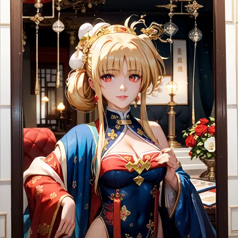 (( best quality)), ((masterpiece)), ( Details), （ perfect face）、The woman is blonde Fate Testarossa in a luxurious room and looks like a Chinese woman in her clothes and hairstyle