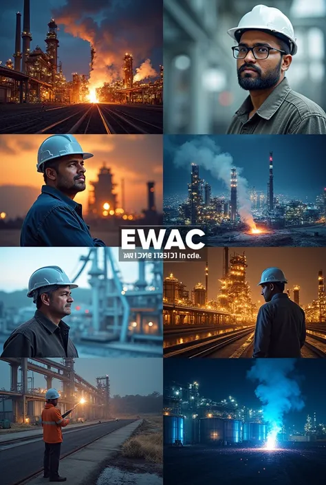 Advertisement of welding electrode company with name mention EWAC Alloys Ltd with indian engineers faces, in background images of steel plant, sugar, fertilizer, cement. 