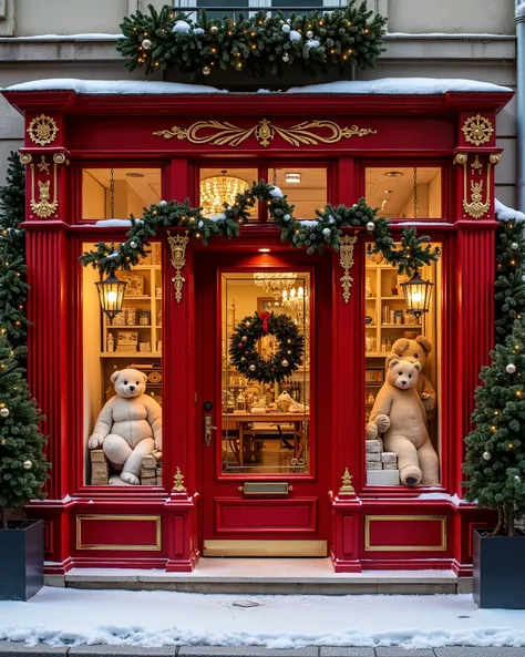 Une photographie 4K féérique dans lesprit de Noel sans neige et dune devanture colorée dune boutique luxueuse vintage vide. La façade est richement décorée en rouge et or, avec des détails ornés. À lintérieur, la boutique est chaleureusement éclairée avec ...