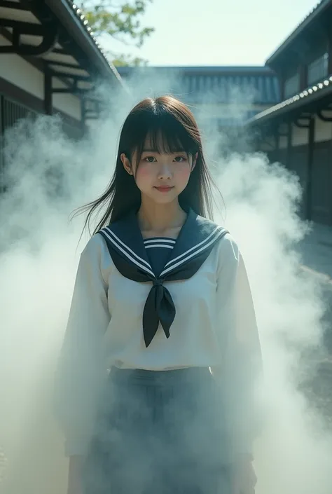 live-action、 real、Particles of thick fog swirl and gather to form a beautiful Japanese high school girl、
