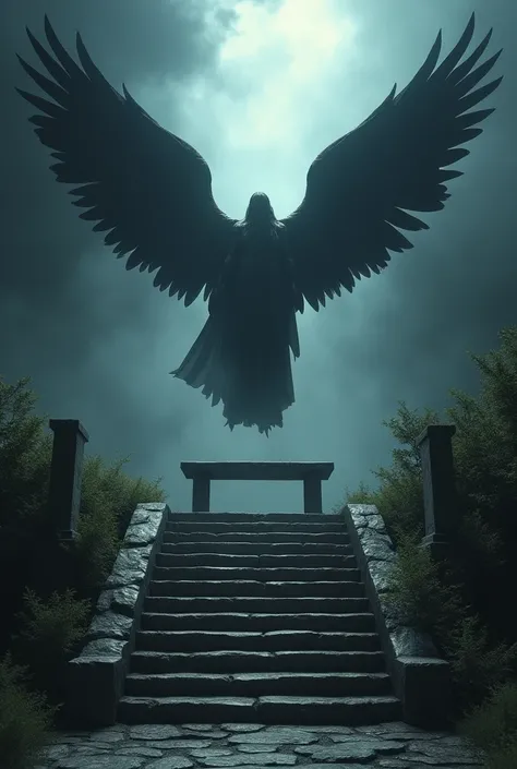 A stone staircase , In a dark place, At the top of the stairs a stone bench and above it the archangel Michael with black wings and floating with his wings fully open, 