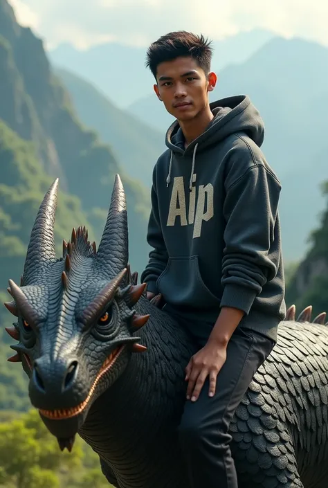  Create a handsome young white Indonesian man, who sits on the back of a great dragon , pakai baju sweater Hoodie tertulis nama aip