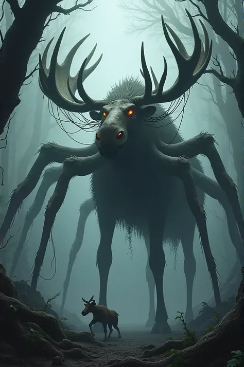 A monstrous moose with eight spider legs extending from its sides. Its antlers are sharp and tangled with webbing, glistening with morning dew. The beast lurks in a dark, misty forest, its glowing eyes scanning for prey among the shadows.