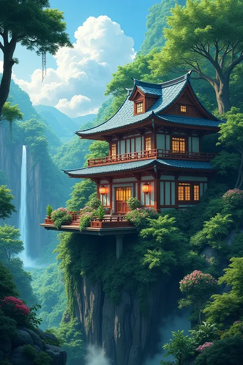 In anime A beautiful house sat on the jungle and have beautiful nature view 