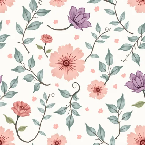 "A seamless floral pattern with pastel pink and lavender flowers, soft green leaves, and intricate vines, centered to ensure the design remains intact for fabric printing."