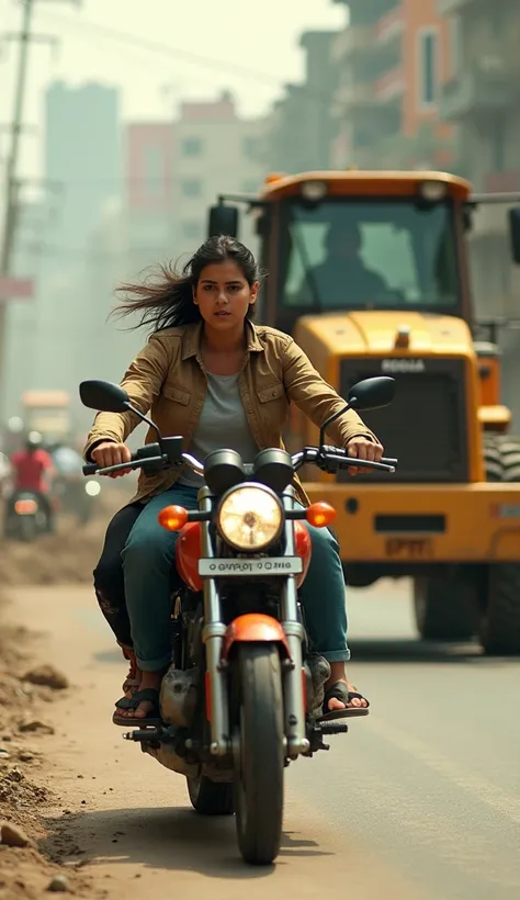 In india As soon as they move ahead with the bike, a bulldozer from the front collides directly with their bike. 