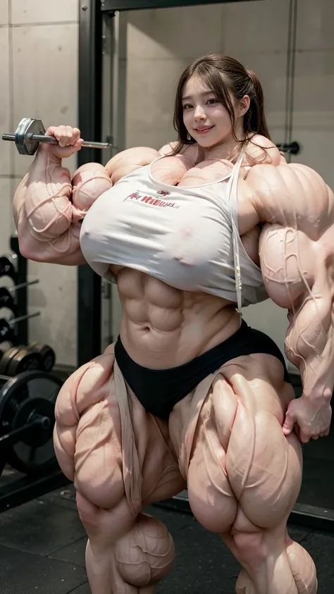  high definition , masterpiece,  Anatomically Correct, 最 High Quality ,  High Quality ,  very detailed,  textured skin,  beautiful Japanese girl、female bodybuilder, 1 girl, (((enormous huge muscle:1.2))), school uniform、  gigantic,smile,(((enormous huge mu...