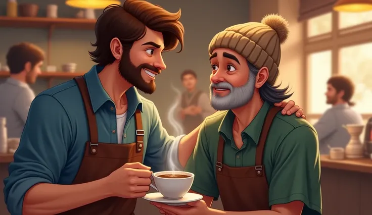 "A young barista with wavy brown hair, wearing a denim shirt and a brown apron, holding a cup of coffee towards the viewer with a warm expression. Behind him, an older man with a weathered face, a gray beard, and a knit beanie, rests his hand on the young ...