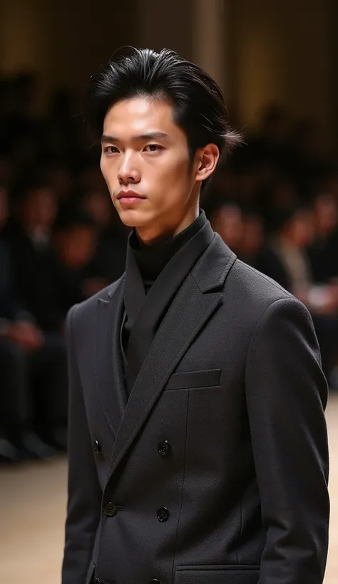 (photorealism:1.2), handsome japanese man, 20-29 year-old, fashion model, fashion show, Hermès, tailored silhouettes with a focus on versatility, incorporating rich colors and textures that reflect a modern yet timeless sensibility.