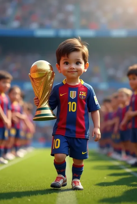 "A 3,s young  resembling Lionel Messi, wearing a classic FC Barcelona jersey with the number 10, holding a shiny golden World Cup trophy. The  is walking confidently on a small football runway surrounded by an audience. The background is softly blurred to ...