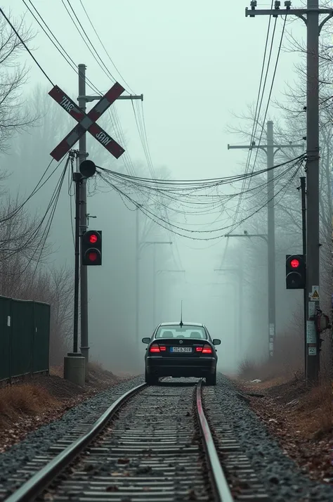 Railroad crossing ,  closed,  cobwebs at barrier ,  car waiting in front of the road 
