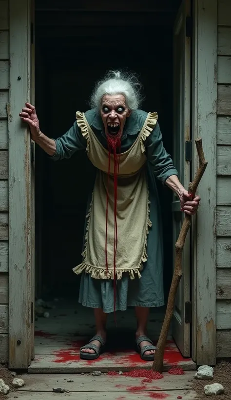 You see a wooden house, old and abandoned, at the door is an old woman Granny with a terrifying face, apron , eyes totally white, in Grannys mouth you can see some sharp teeth and blood stains that fall down her mouth to the apron, she holds a stick in one...