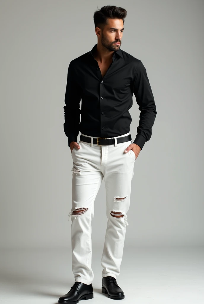 Man with long sleeve black shirt and long broken-white pants and black formal shoes