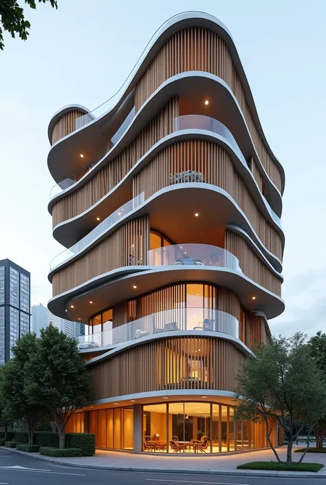 we need G +5 an appartment building with a curved balconies and paramatric wooden louvers 