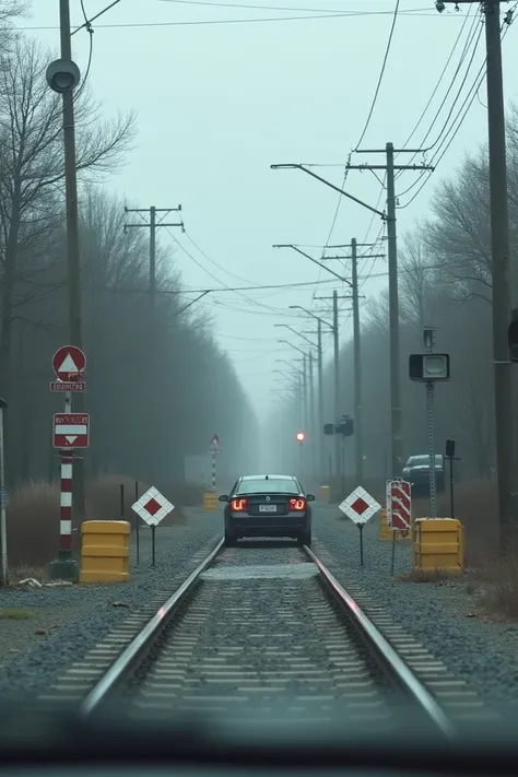 Railroad crossing ,  closed,  cobwebs at barrier ,  car waiting in front of the road 
