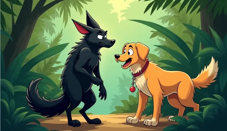   the scared ,afraid cartoon black  jackal is going into the jungle ( its tail between its legs  )in the jungle (view image  from backside) and
  A cartoon golden retriever with a fluffy coat, wagging tail,( belt with a collar named GOLDIE and address)is b...