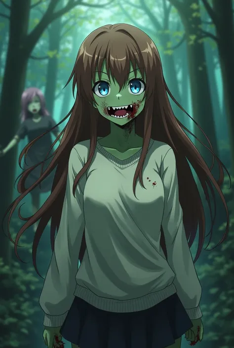  anime zombie girl with brown hair and blue eyes ,  wears a white sweater and a black skirt .  She is bitten in the shoulder by another zombie girl in the background. Now she is also a zombie .  She now looks completely like a zombie with green skin . It a...