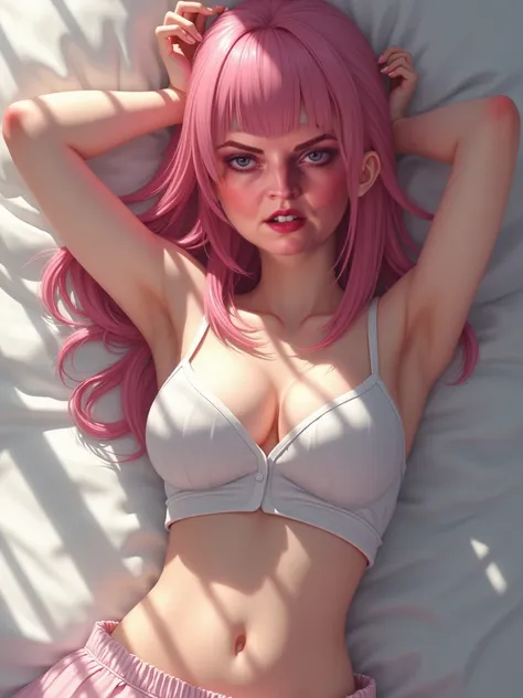 (Woman with cute face in detail),(Huge breasts,Ample breasts,Voluptuous thighs:),(Crying face,Staring at me,Open your mouth:1.3),(Pink Hair,Straight bangs),(sleeveless white blouse,Pleated skirt),(Lie face up on the sheets,Raise both arms above your head),...